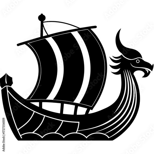 A black and white illustration of a viking longship with a dragon head