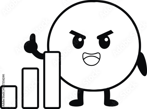 Cartoon character pointing upward, business growth concept, bar chart success, confident mascot illustration, financial progress, data analytics, upward trend, marketing strategy