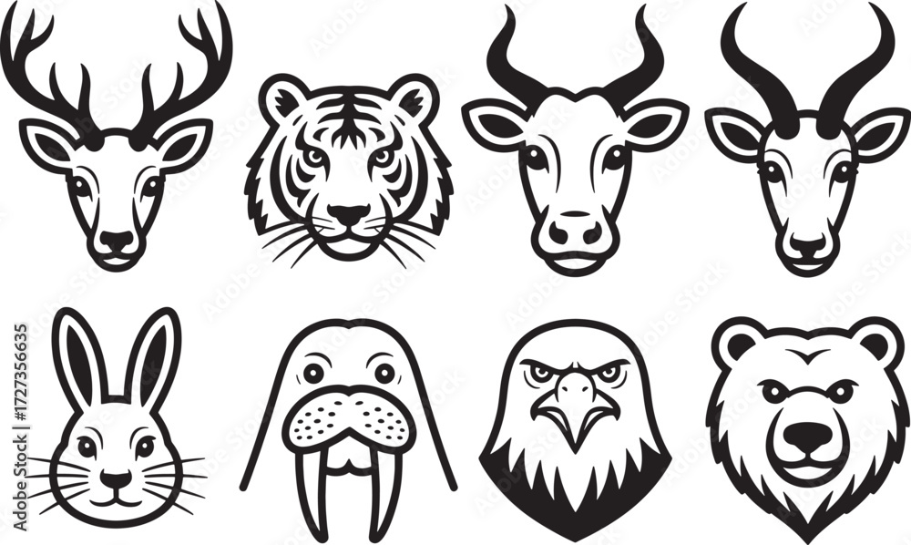 Obraz premium A fun vector cartoon illustration set of funny farm animal head icons with cute characters like a cow, dog, cat, pig, and sheep