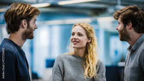 A networking reception, businesspeople engage in lively conversation, sealing new partnership with smiling. The setting is casual yet professional, encouraging open dialogue.