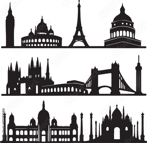 Famous World City Skylines Silhouettes: London, Paris, India, and Global Travel Landmarks Vector Set