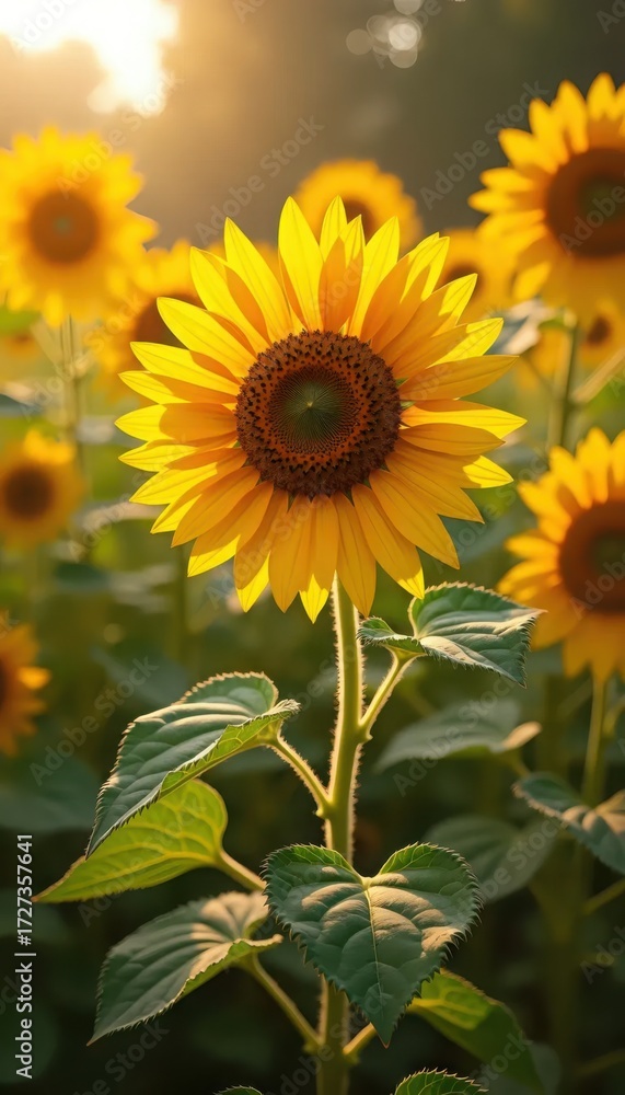 Obraz premium A sunflower in the middle of a field of sunflowers.