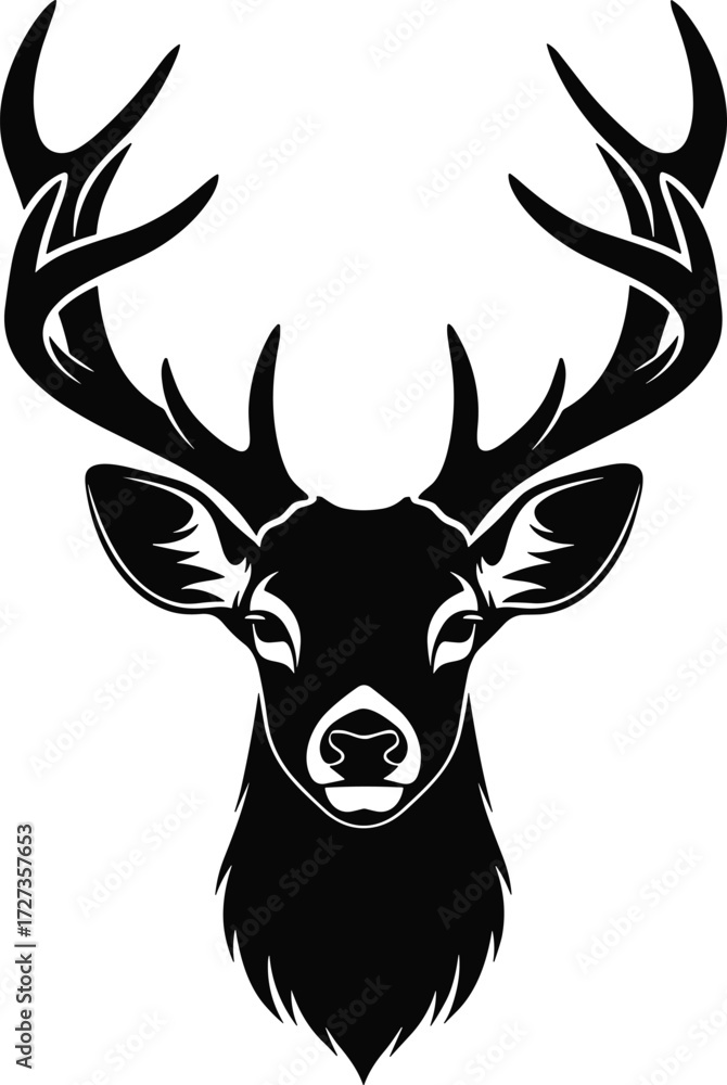 Naklejka premium Deer head illustration, black and white deer, stylized antler design, symmetrical wildlife vector, majestic animal graphic, tattoo icon, nature emblem art