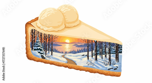 Winter landscape on a cheesecake slice in a whimsical style in white, blue, and orange colors representing a cozy treat against a white background