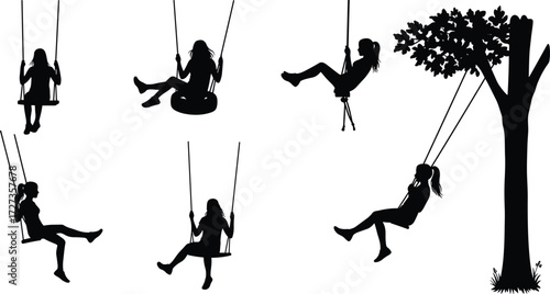 Children playing on swings silhouette under tree, joyful outdoor recreation vector illustration showing childhood fun, nature activity, happiness, and family lifestyle