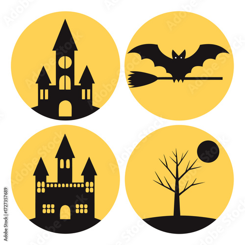 Halloween Silhouettes, Spooky Witch, Bat, Castle & More Vector Set (1).eps