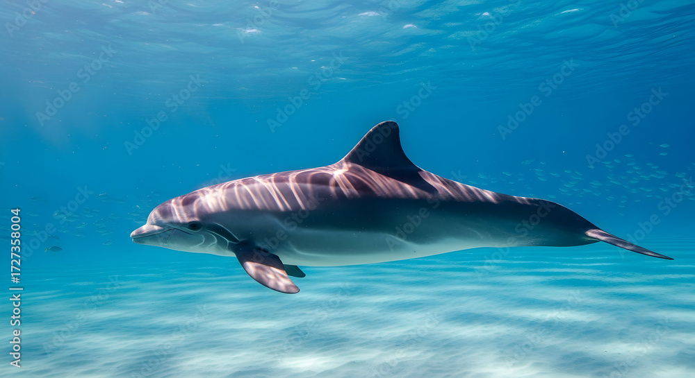 Fototapeta premium Graceful dolphin swims in clear blue ocean water with sunlight filtering through