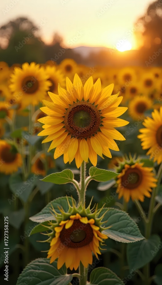 Obraz premium A field of sunflowers with the sun setting in the background.