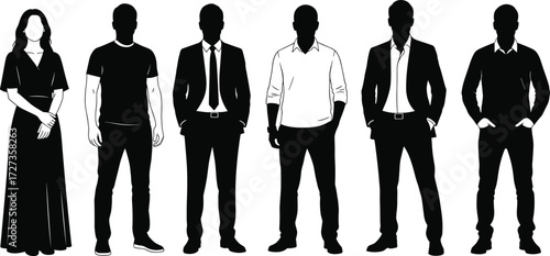 Diverse group of people in silhouette, showcasing fashion styles and individuality, ideal for identity, diversity, lifestyle, and social representation themes