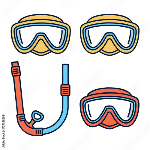 Snorkel & Dive Mask Icons, Underwater Adventure Gear Vector Set (2).eps