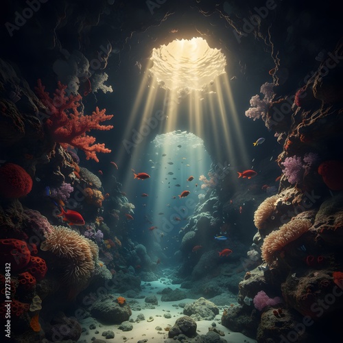 Sunlit Underwater Cave with Vibrant Coral and Fish