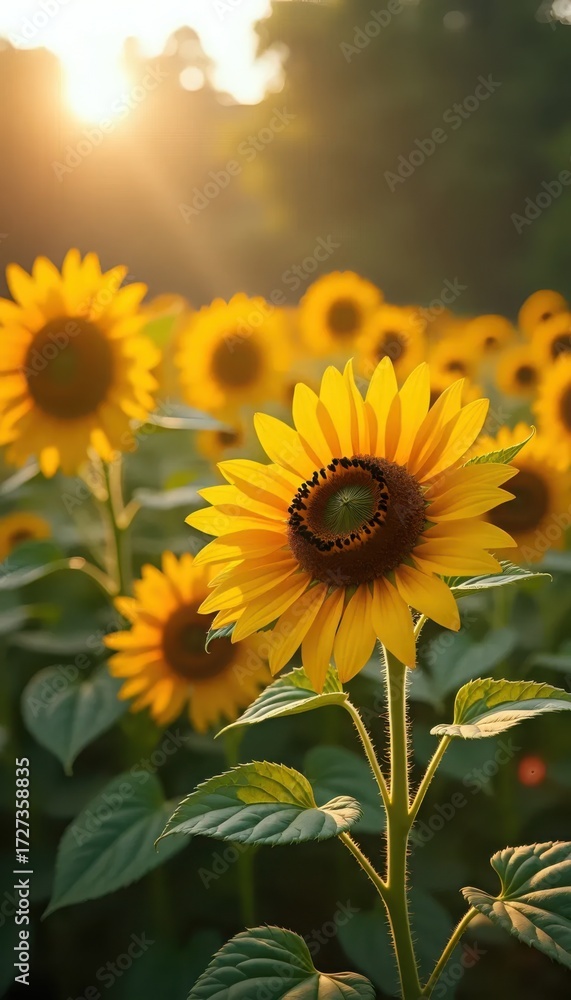 Fototapeta premium A sunflower in the middle of a field of sunflowers.