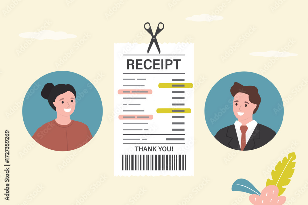 Obraz premium Two different characters sharing receipt as they split expenses. Equality, reflecting modern financial habits. Male and female persons standing near paper receipt.