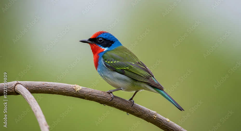 Fototapeta premium Vibrant Exotic Bird with Red, Blue, and Green Feathers Perched on Branch