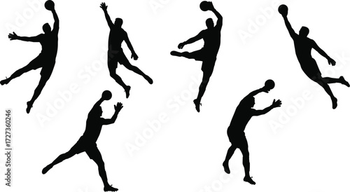 Dynamic basketball player silhouettes in action poses with ball, slam dunk, jump shot, sports energy, athletic movement, competitive game illustration