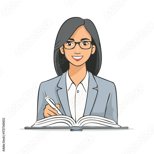 Cartoon Woman Author Writing in Open Book with Pen Wearing Glasses and Blazer