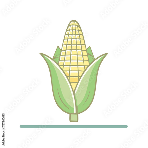 Stylized Corn Cob with Green Husks and Yellow Kernels
