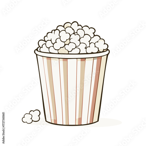 Popcorn box with popcorn pieces on the ground. Bucket full of salty and sweet crunchy snack. Carton with stripes.