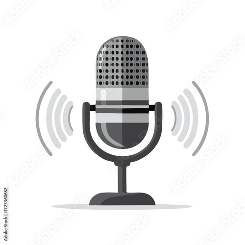 Vintage retro microphone broadcasting sound waves for podcasting or radio broadcasting
