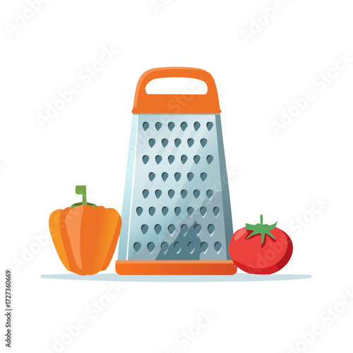 Vector illustration of a kitchen grater with a fresh tomato and orange bell pepper