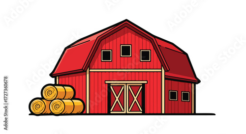 Red Barn with Hay Bales Illustration.