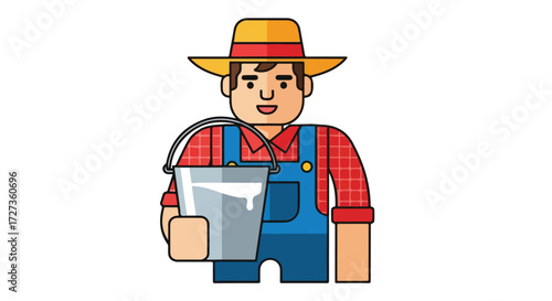 Cartoon farmer character holding a bucket of fresh milk.