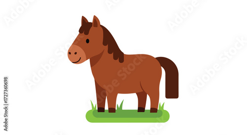 Cartoon Brown Horse Standing on Green Grass Patch Illustration.