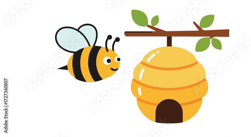 Cute Cartoon Bee Flying Towards a Honeycomb Beehive.