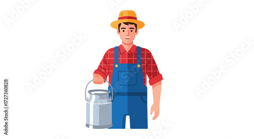Cartoon Farmer Holding Milk Can in Overalls and Straw Hat.