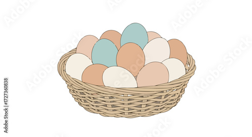 Basket full of fresh farm eggs in various natural colors.