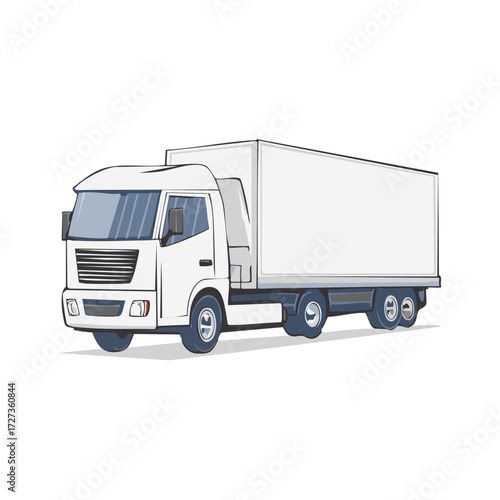Delivery cargo truck illustration in white and blue, featuring a box body and multiple wheels