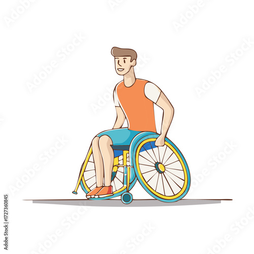 Smiling young man in an orange shirt and blue shorts in a wheelchair