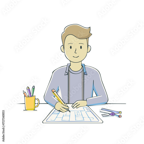 Young Man Creating Architectural Drawing with Pencil and Drafting Tools