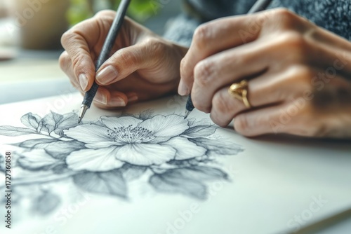 Close-up of hands meticulously sketching a detailed floral design using pencils.