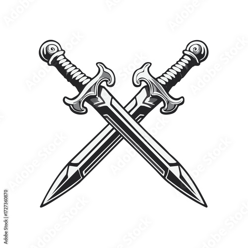 Two Crossed Swords: Medieval Weaponry with Intricate Hilt Designs for Fantasy Illustration or Historical Depiction
