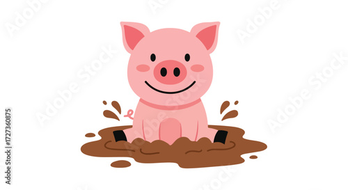 Cartoon Piglet Enjoying a Mud Bath with a Cheerful Smile.