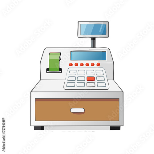 Cartoon Cash Register Illustration with Screen, Buttons, and Drawer for Point of Sale System