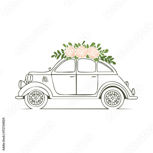 Vintage Car with Flower Bouquet on Roof Wedding or Celebration Design