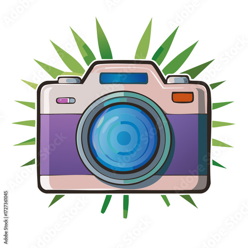 Retro Camera Illustration with Green Leafy Accents Nature Photography Icon