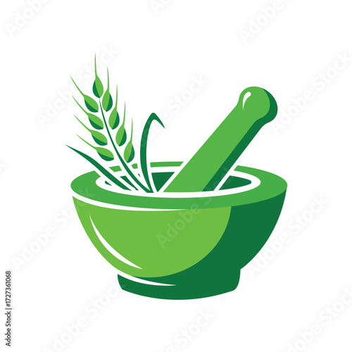 Vector art of green mortar and pestle with wheat and grass