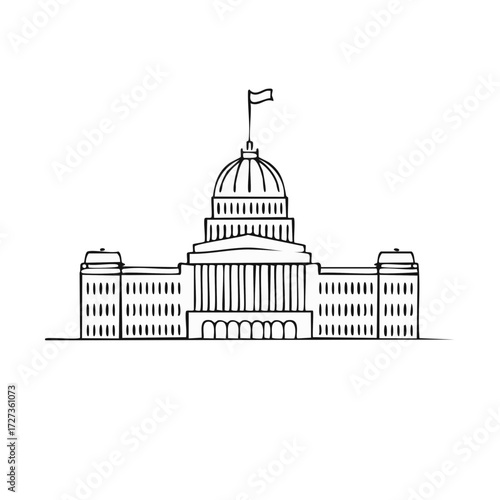 Black and white architectural illustration of a government building with a flag