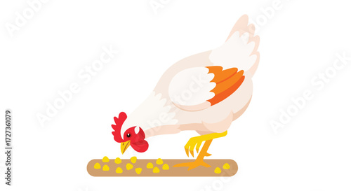 White cartoon hen pecking at yellow corn seeds.