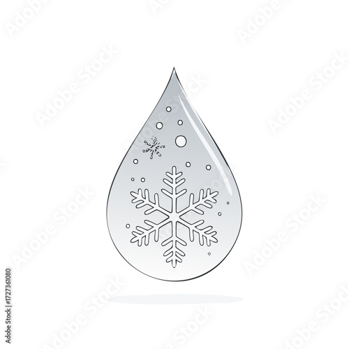 Single droplet with snowflake inside, symbolizing cold and purity