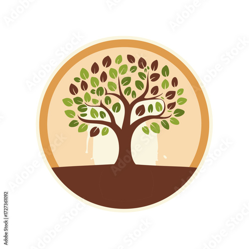 Stylized Tree of Life with Green and Brown Leaves Inside a Circular Emblem