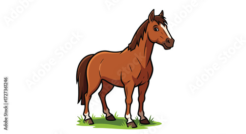 A brown horse standing in a grassy field illustration.