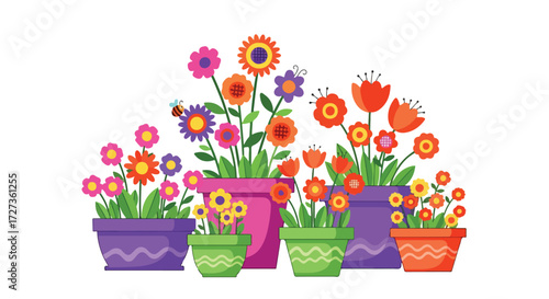 Vibrant collection of cartoon flowers in decorative pots illustration.