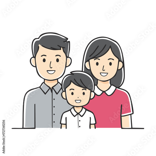 Happy cartoon family portrait illustration of mother father and son smiling