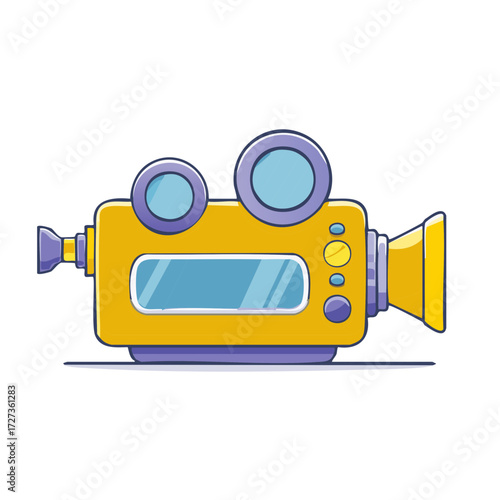 Retro yellow film camera illustration with lens, display, and buttons, vintage cinema equipment, cartoon film making style, isolated