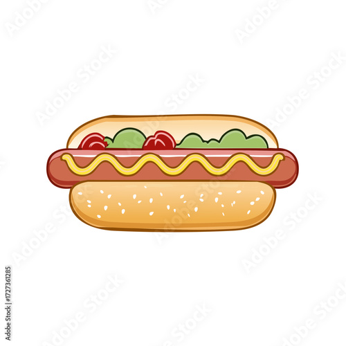 Illustrated hot dog in a sesame seed bun with traditional toppings of mustard ketchup and relish