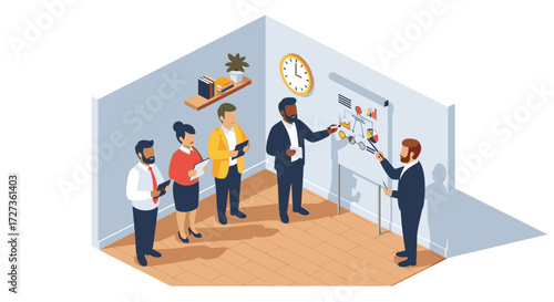 Isometric view of a business meeting, with a presenter and colleagues around a whiteboard.